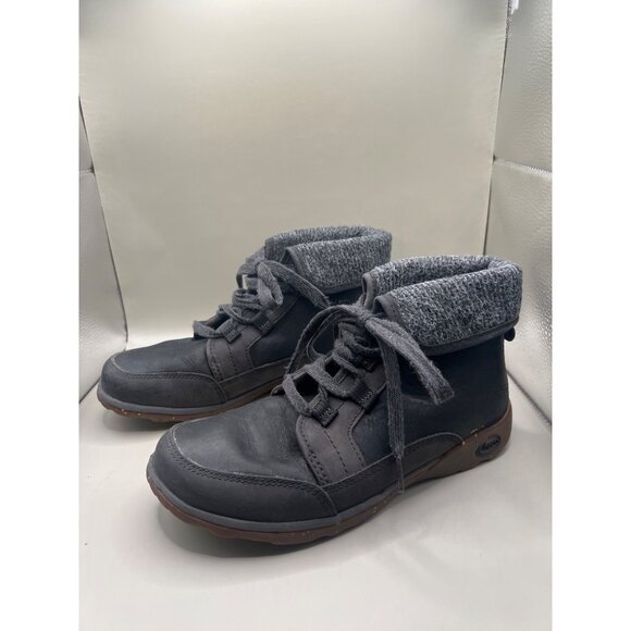 Chaco Womens black Leather Ankle Boots With Knit Collar & Lace-Up Closure - Size - Picture 1 of 7